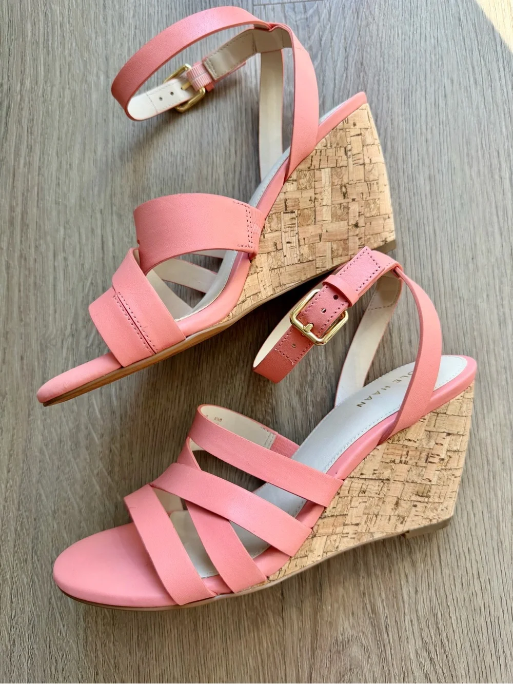 Cole Haan Leather Coral-Pink Cork Wedge Sandals